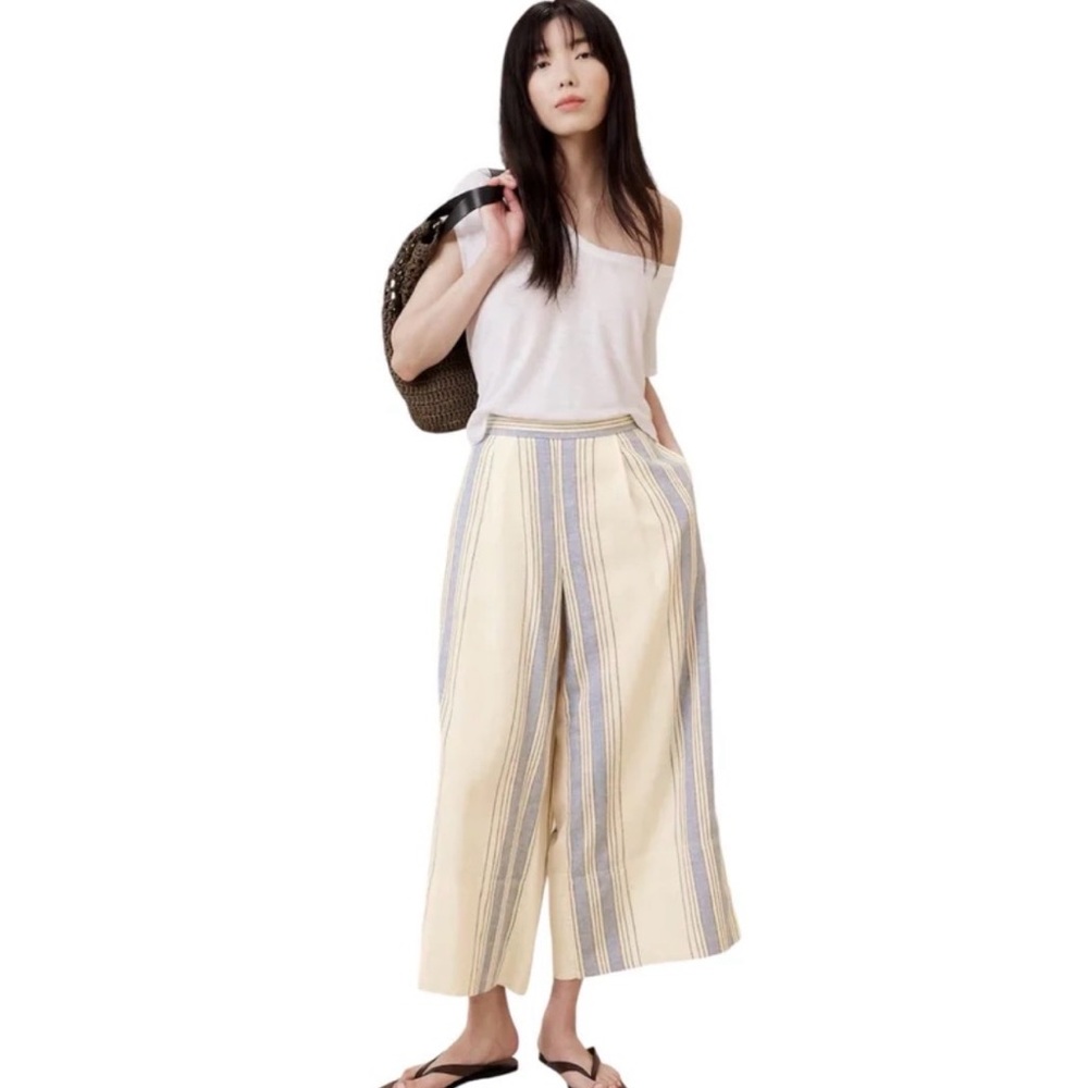Banana Republic Linen Blend Easy Wide Leg Cropped Pant Blue Striped Small - Picture 4 of 11